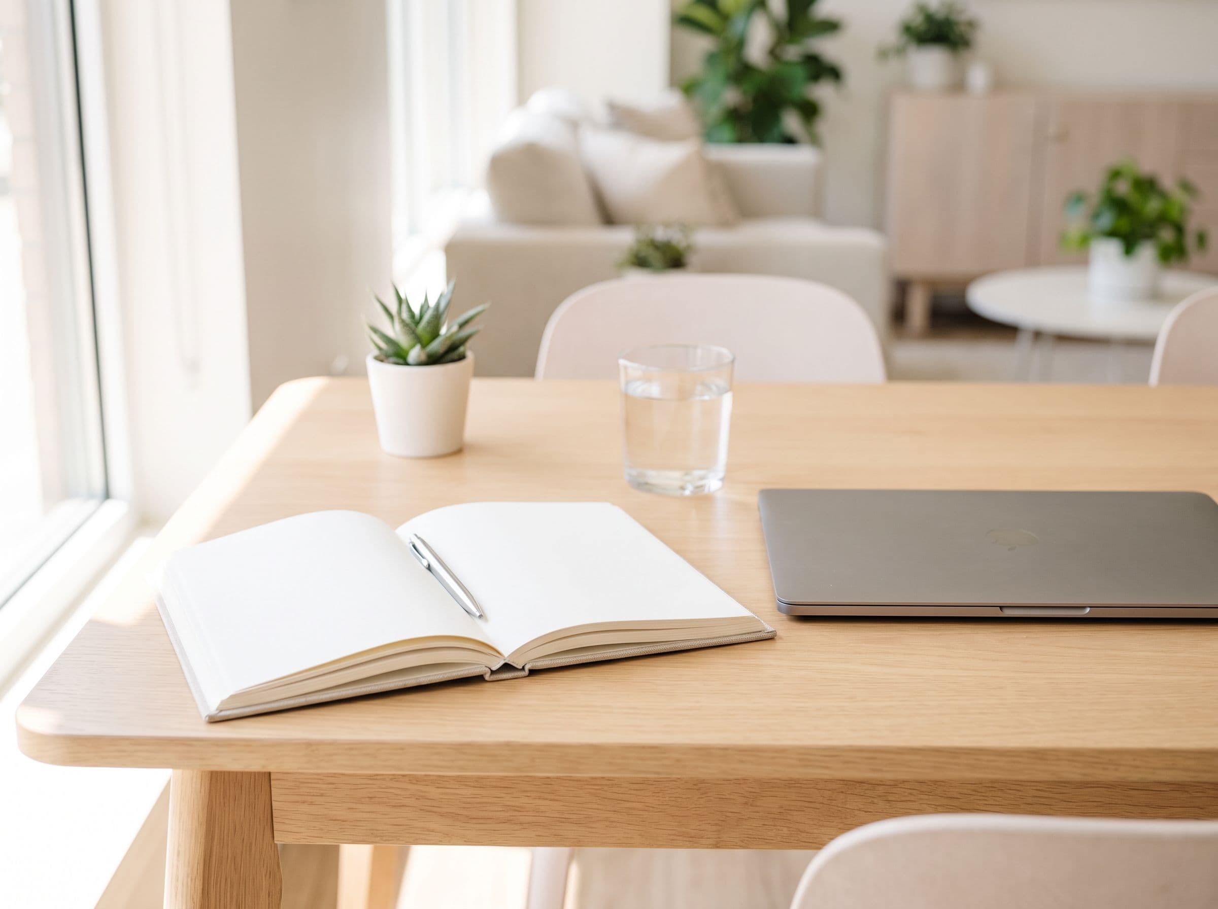 An open notebook and a closed laptop on a bright desk