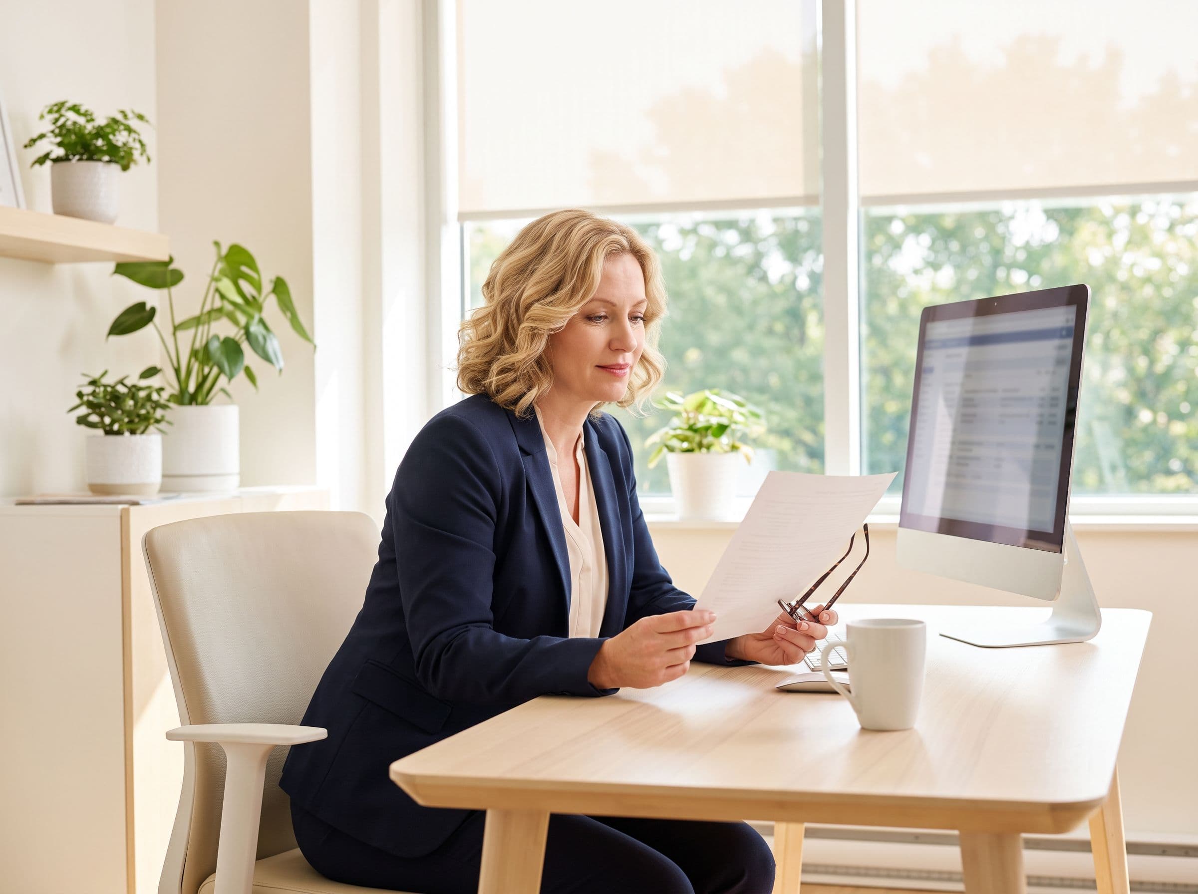 A practice manager working through paperwork at a small clinic's front-office desk