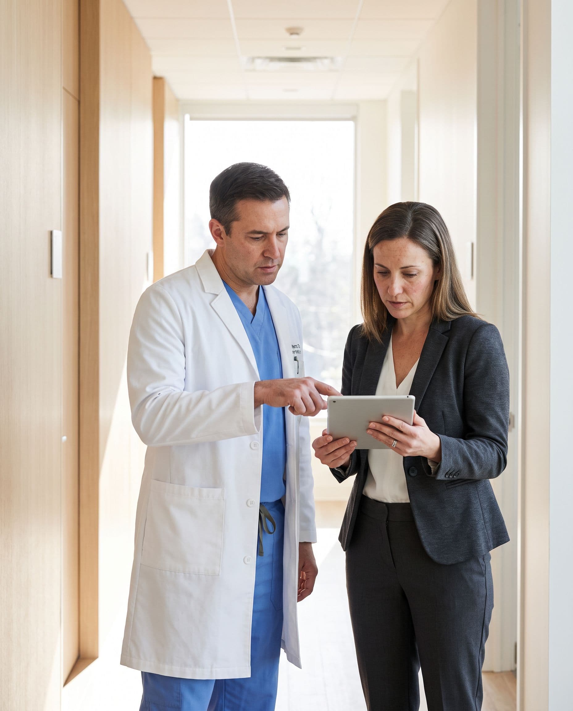 Two clinicians pausing for a quick conversation in a clinic corridor