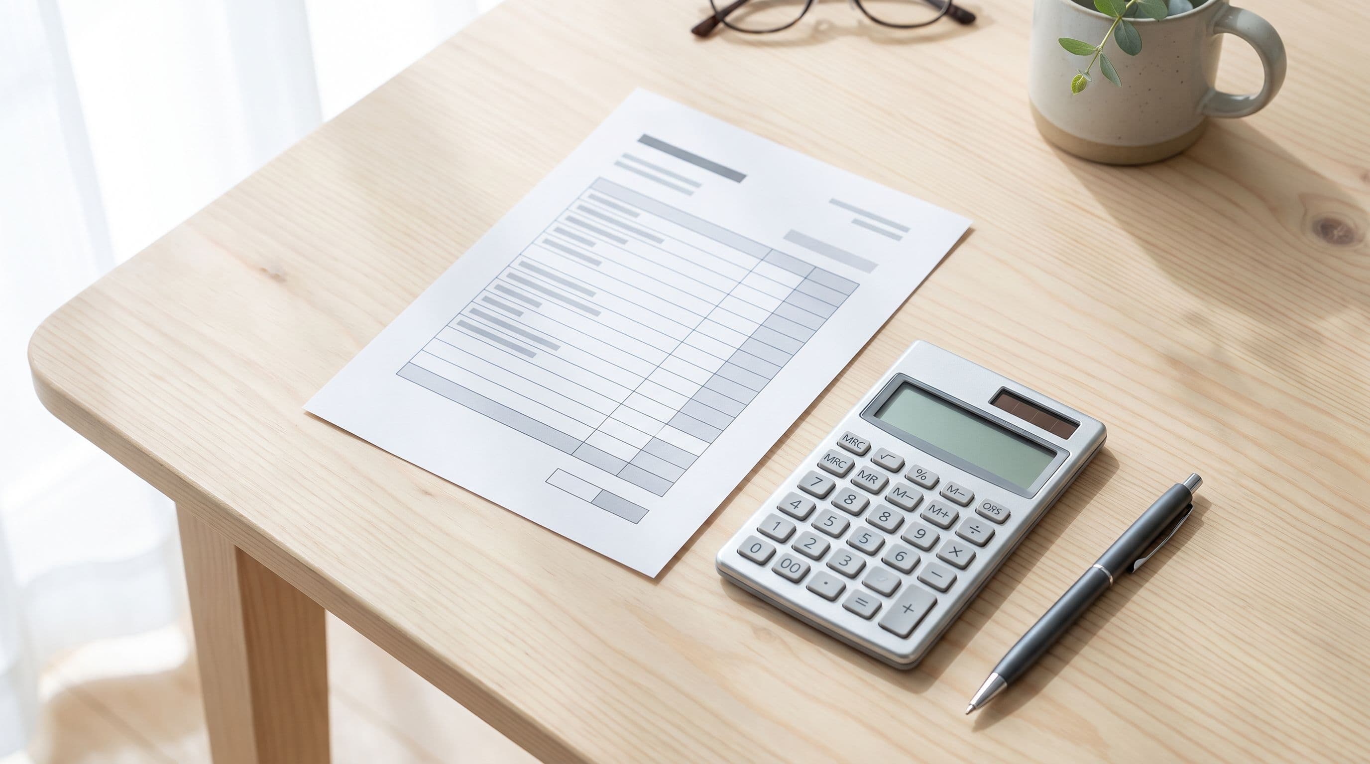 A printed fee schedule and calculator on a clinic desk in warm low light