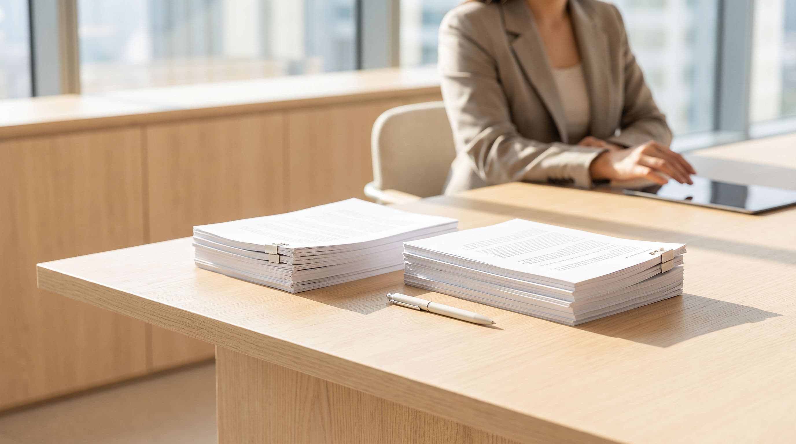 Two nearly identical stacks of printed paper side by side on a desk with a pen laid between them