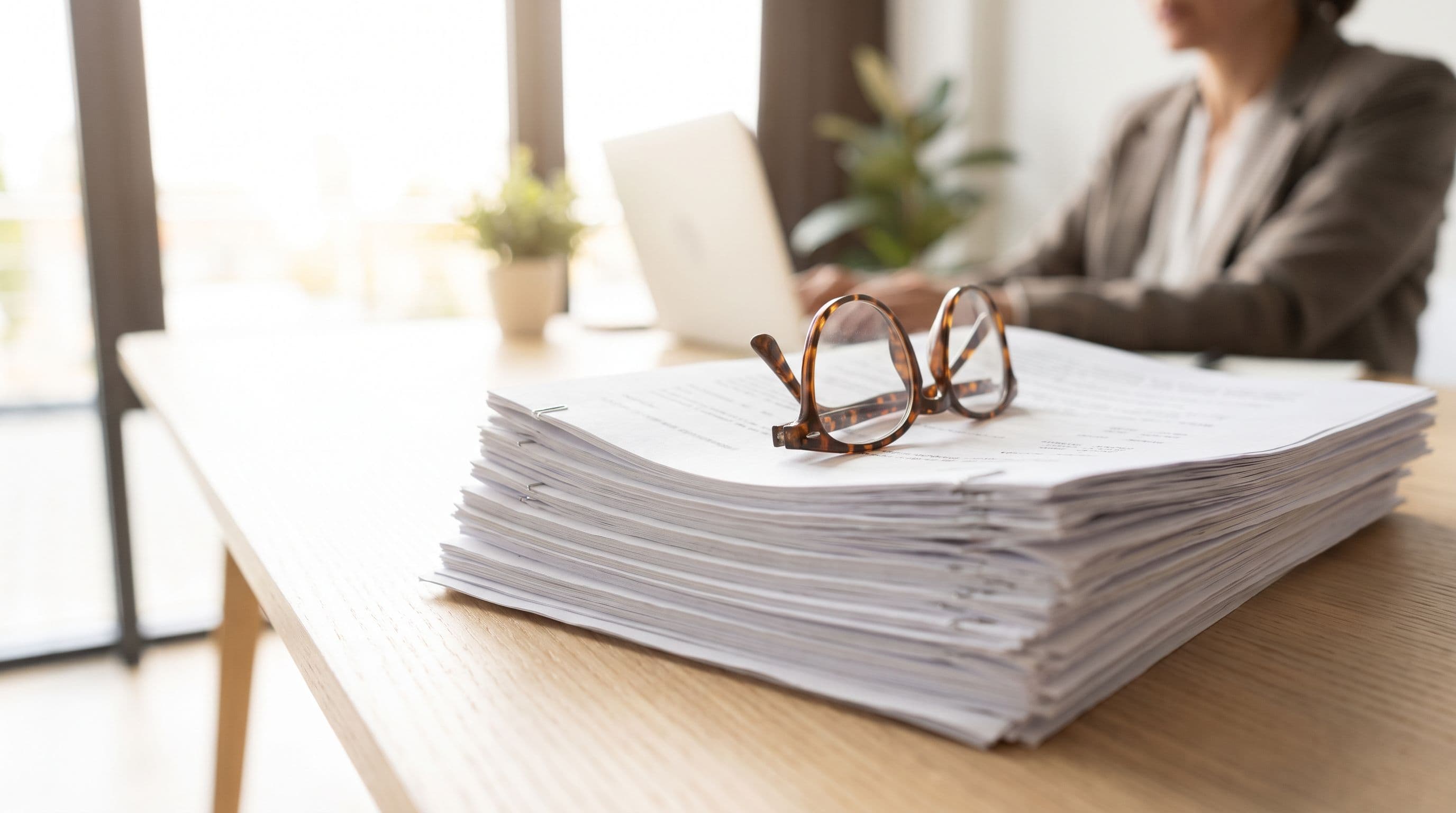 A thick stack of printed government pages with reading glasses resting on top