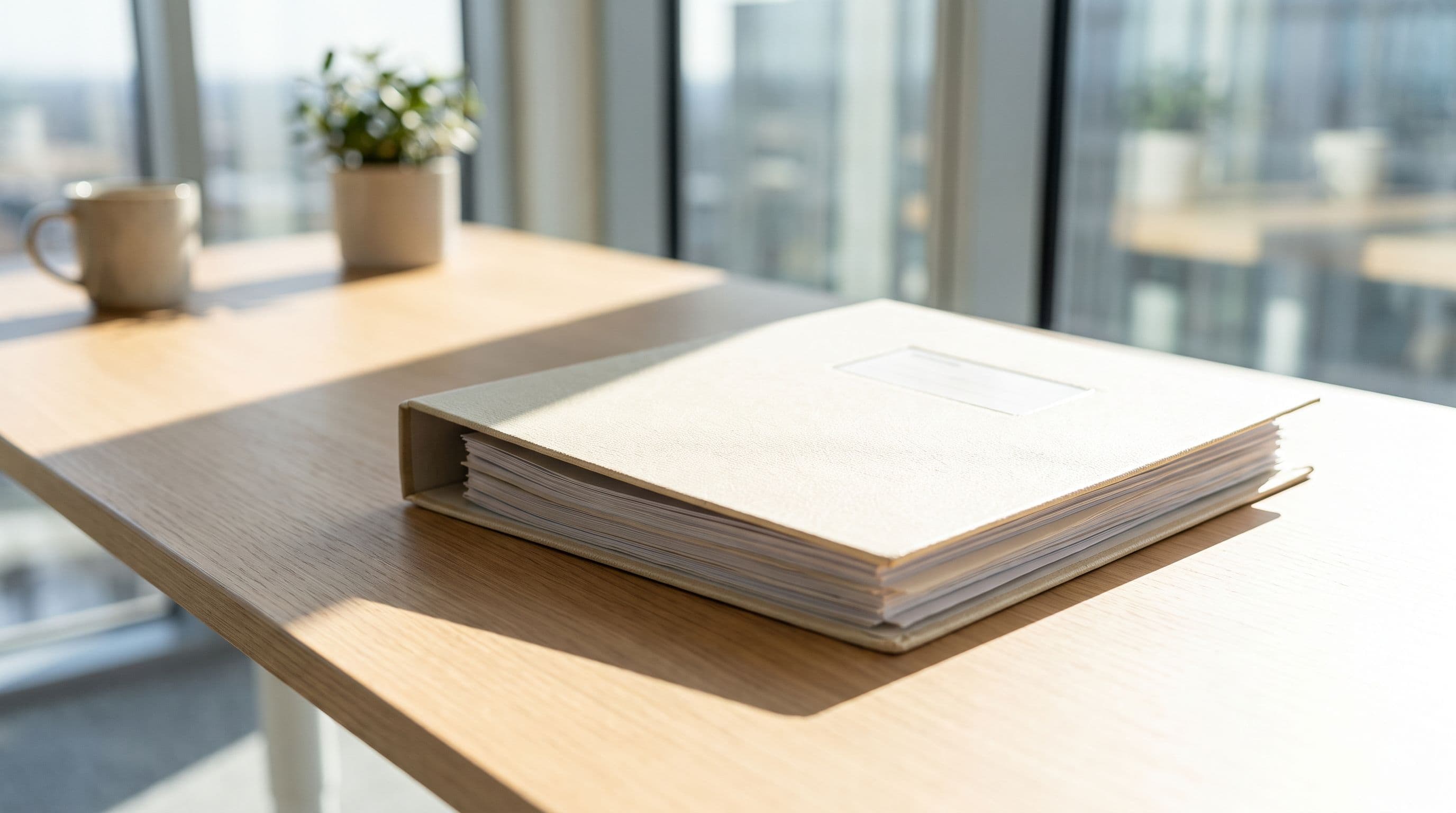 A thick closed folder of documents on a plain desk under a hard shaft of late window light