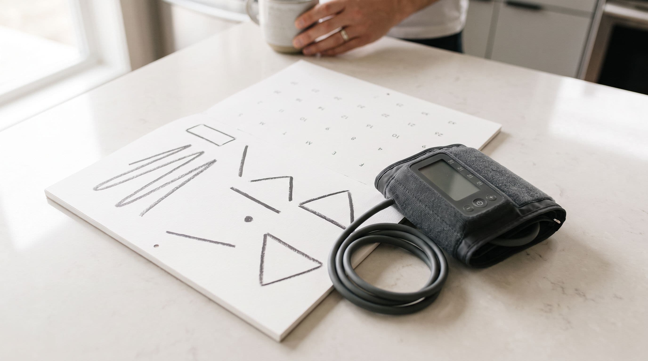 A paper wall calendar on a kitchen counter with a blood pressure cuff resting across one corner