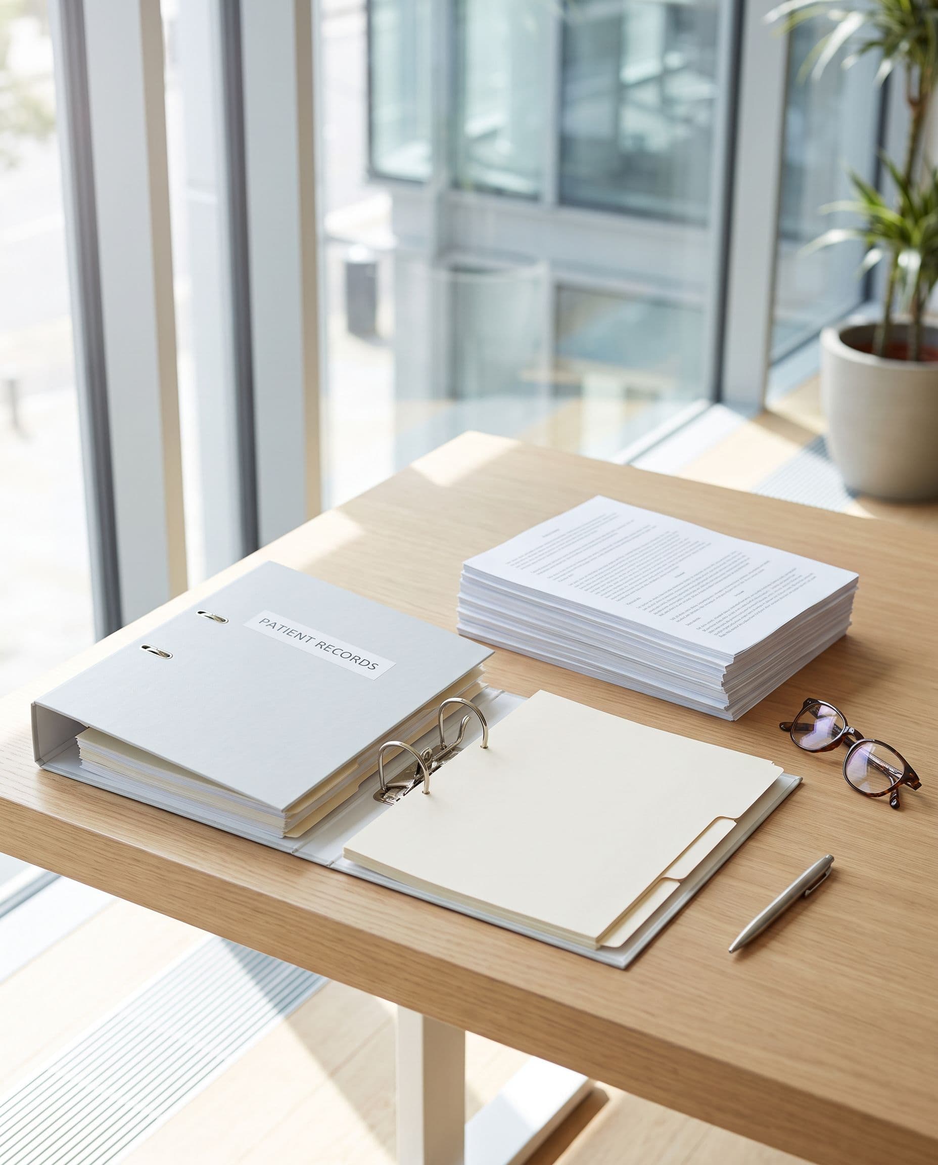 An open labelled binder and a squared stack of documents on a bright desk