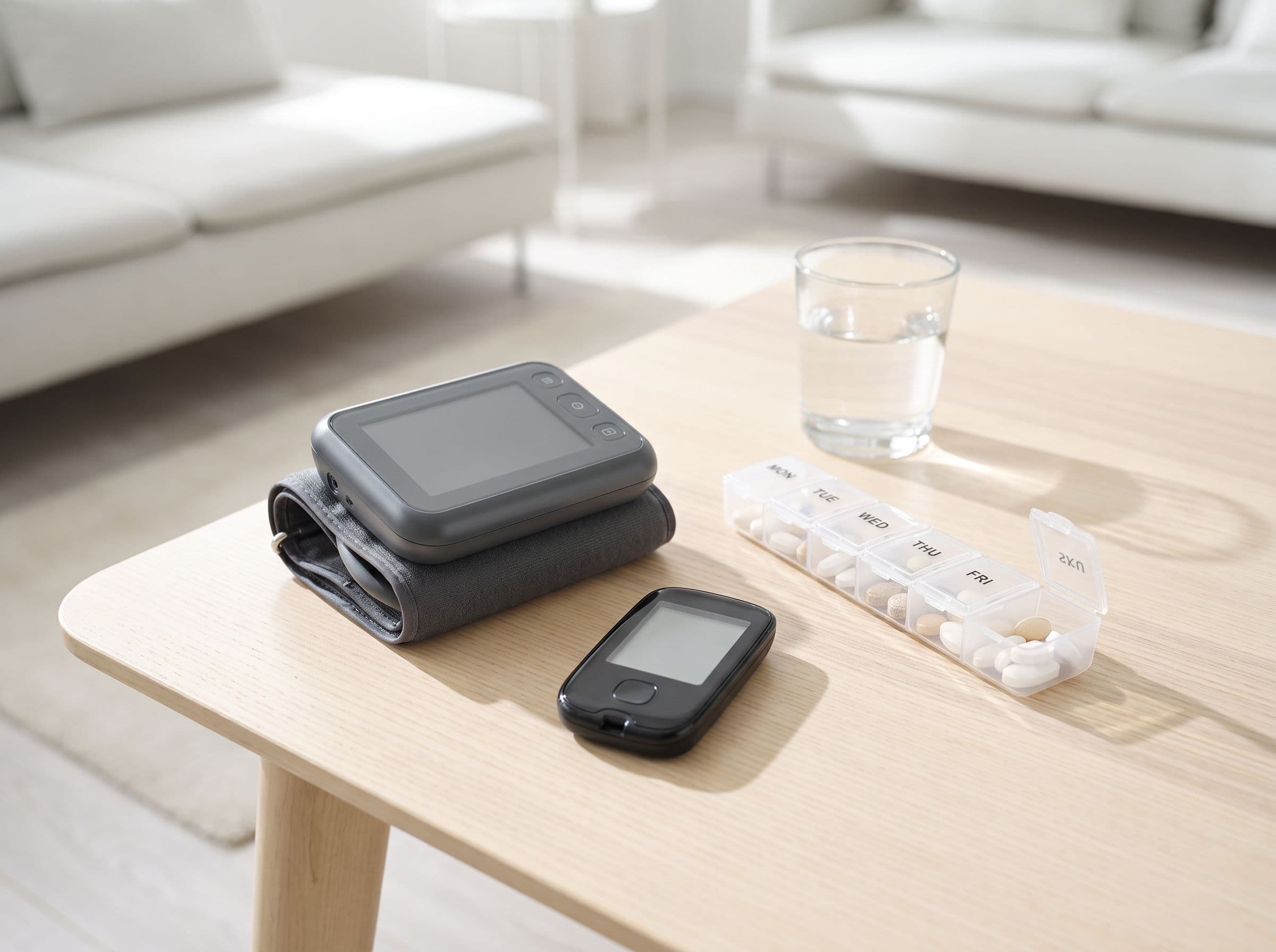 Home monitoring devices on a kitchen table in afternoon light