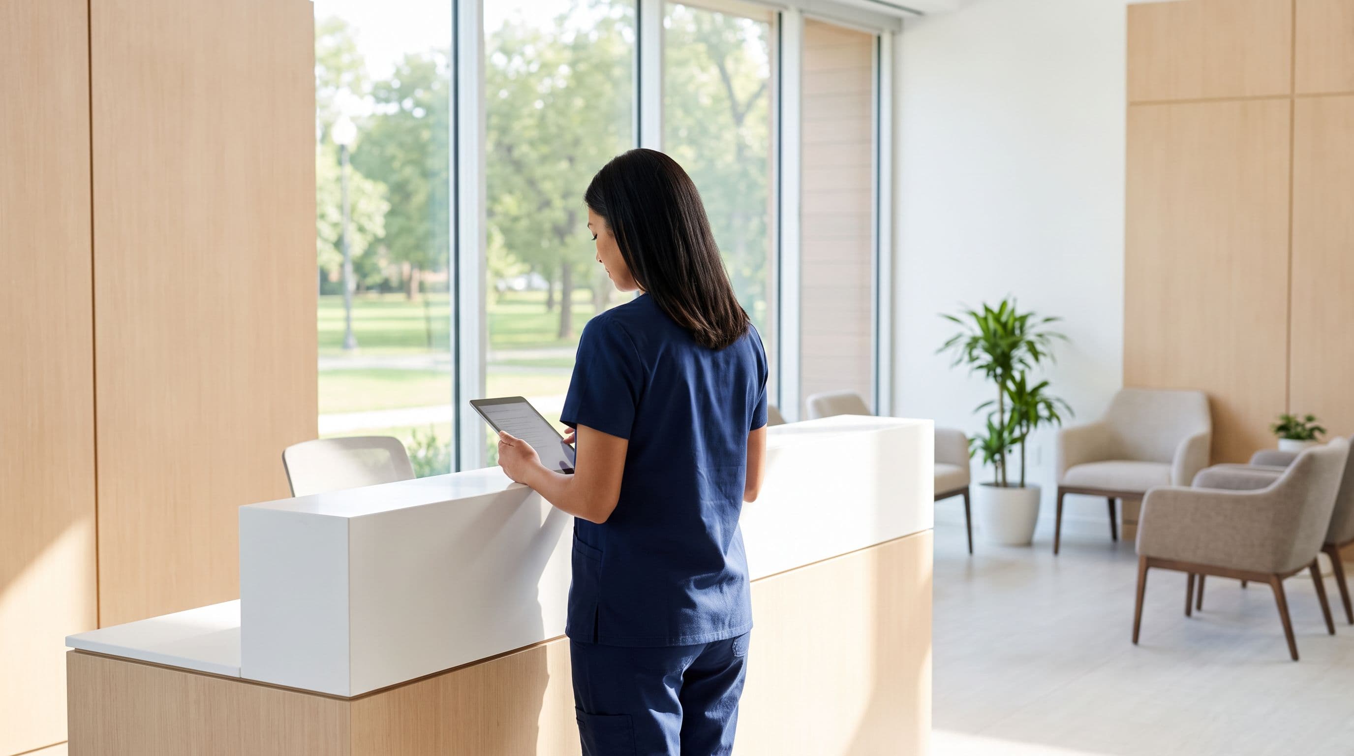 A clinical staff member in navy scrubs working at a bright clinic reception counter with a tablet