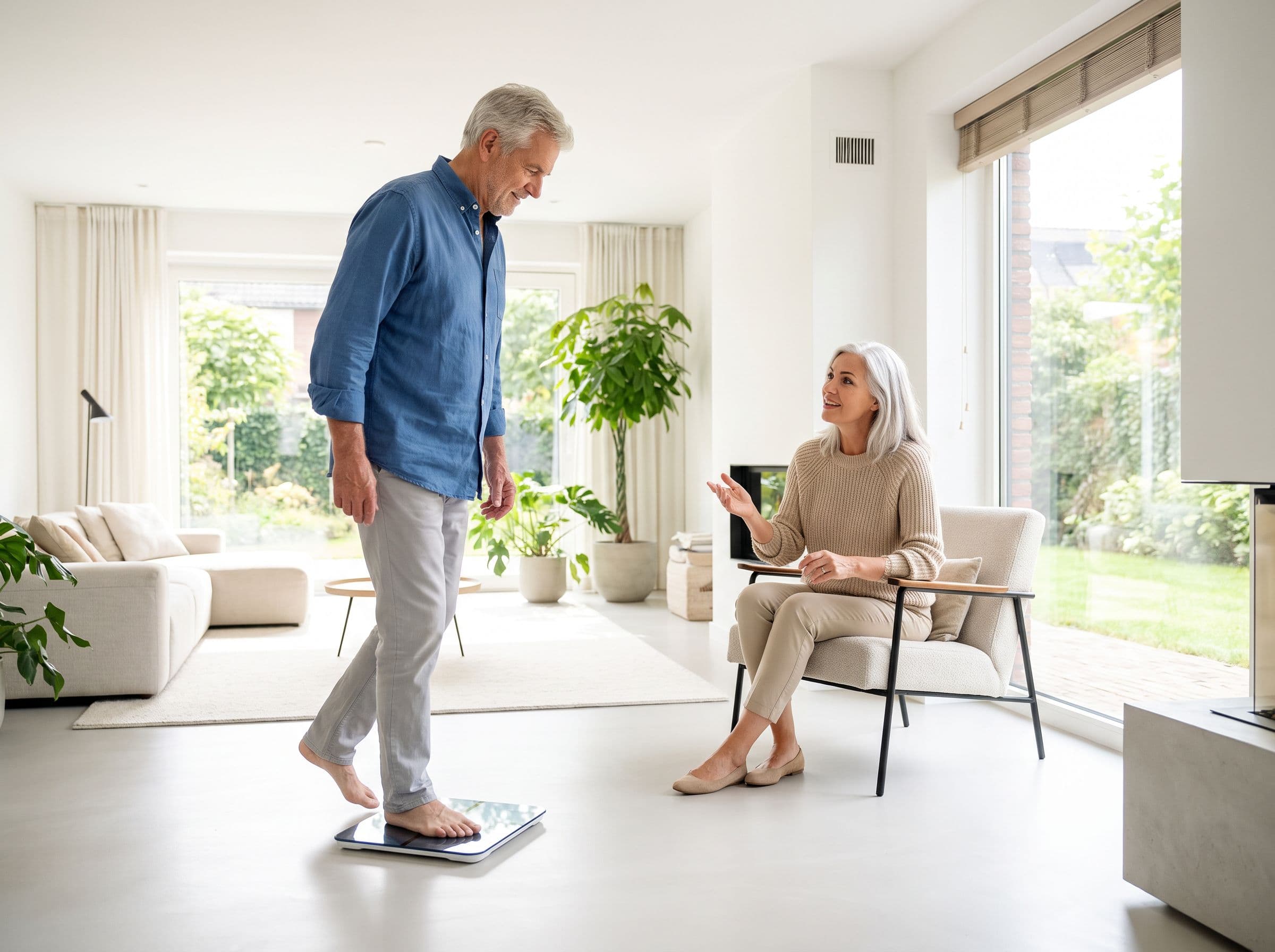 An older couple at home in their living room