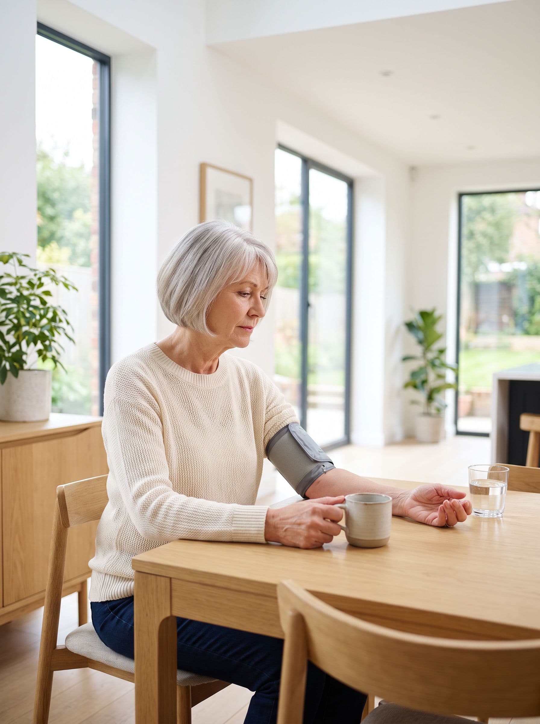 An older woman sitting at her kitchen table at home in afternoon light
